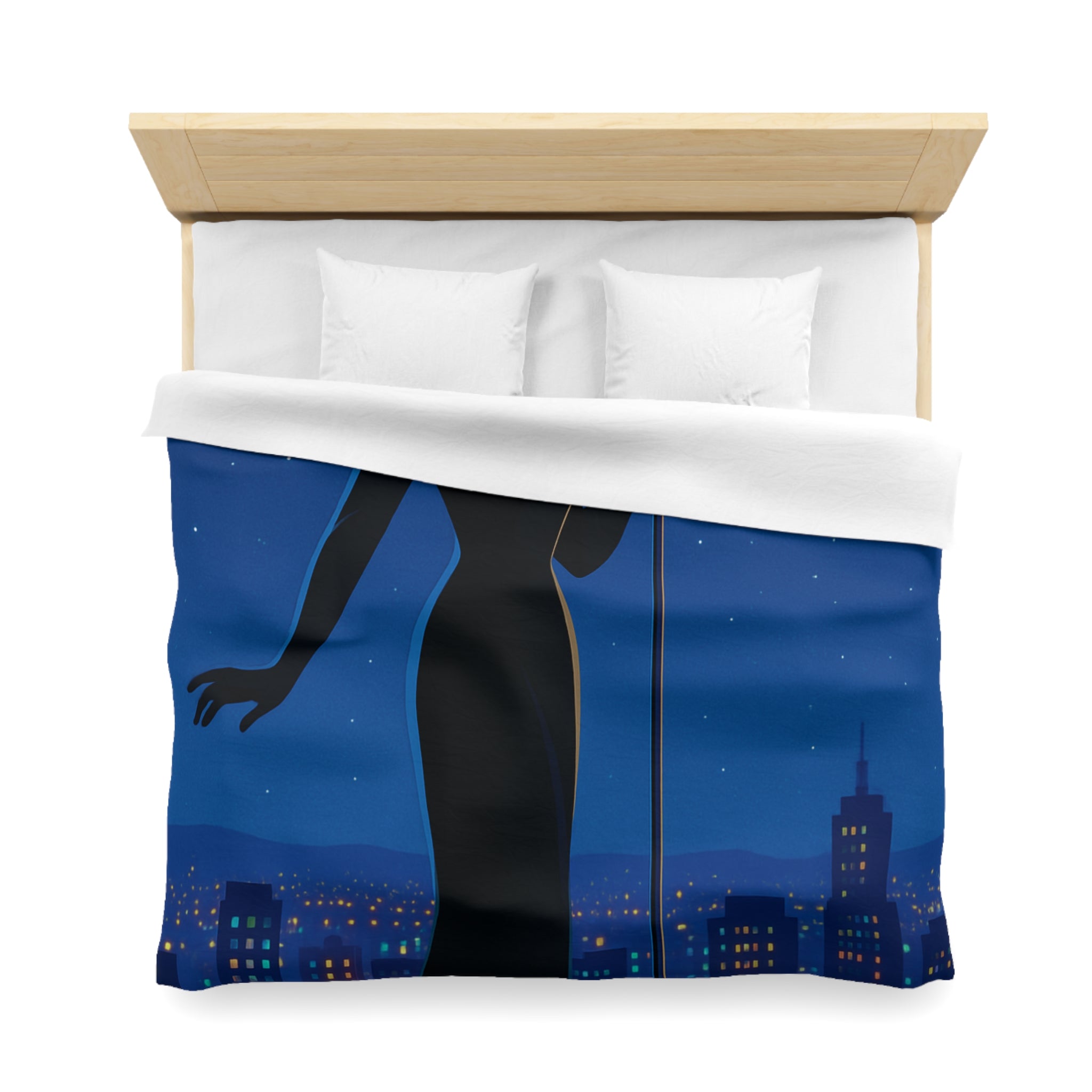 Housse de couette nocturne élégante avec silhouette mystérieuse et micro en arrière-plan urbain