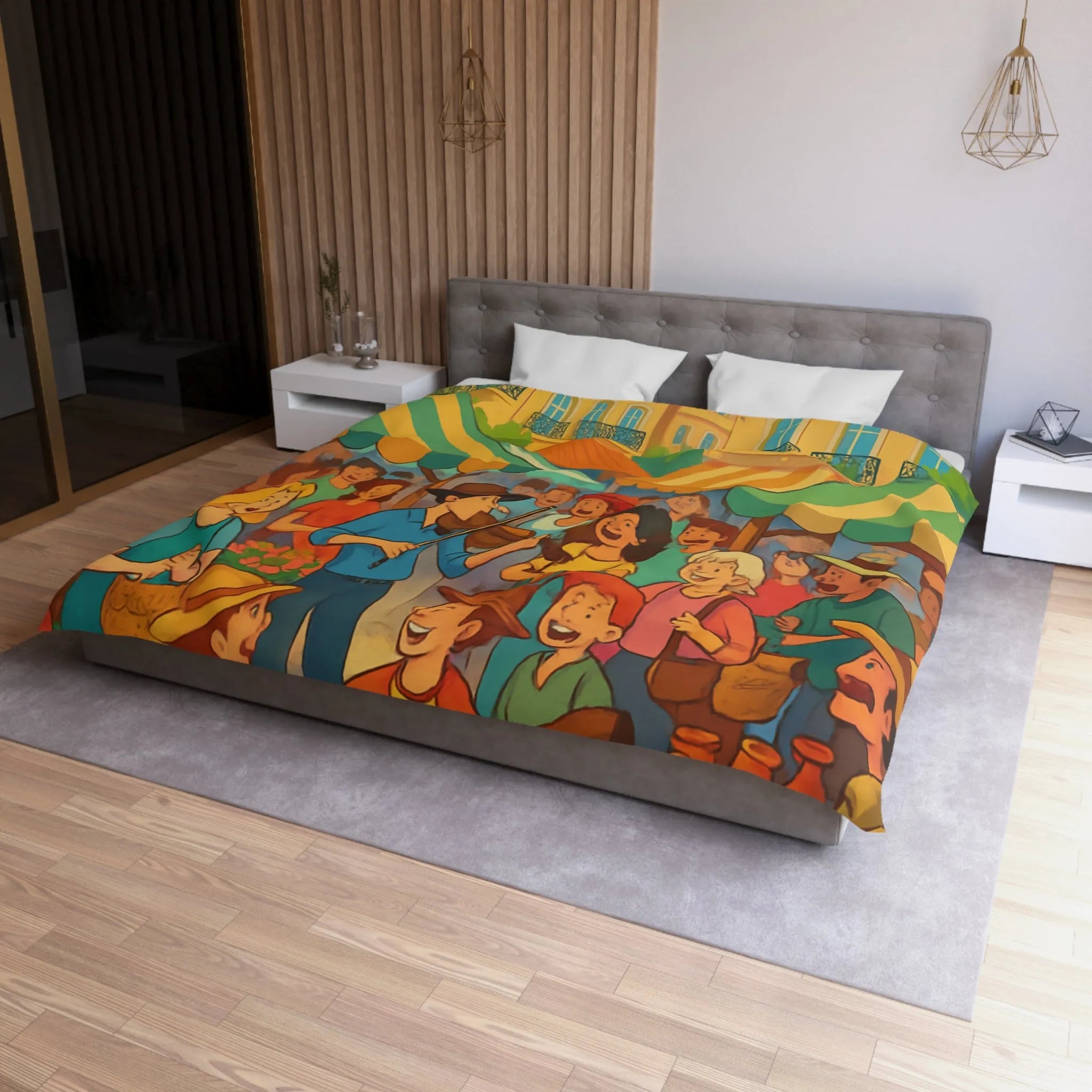 Housse de couette colorée avec scène de marché animé et ambiance joyeuse en plein air