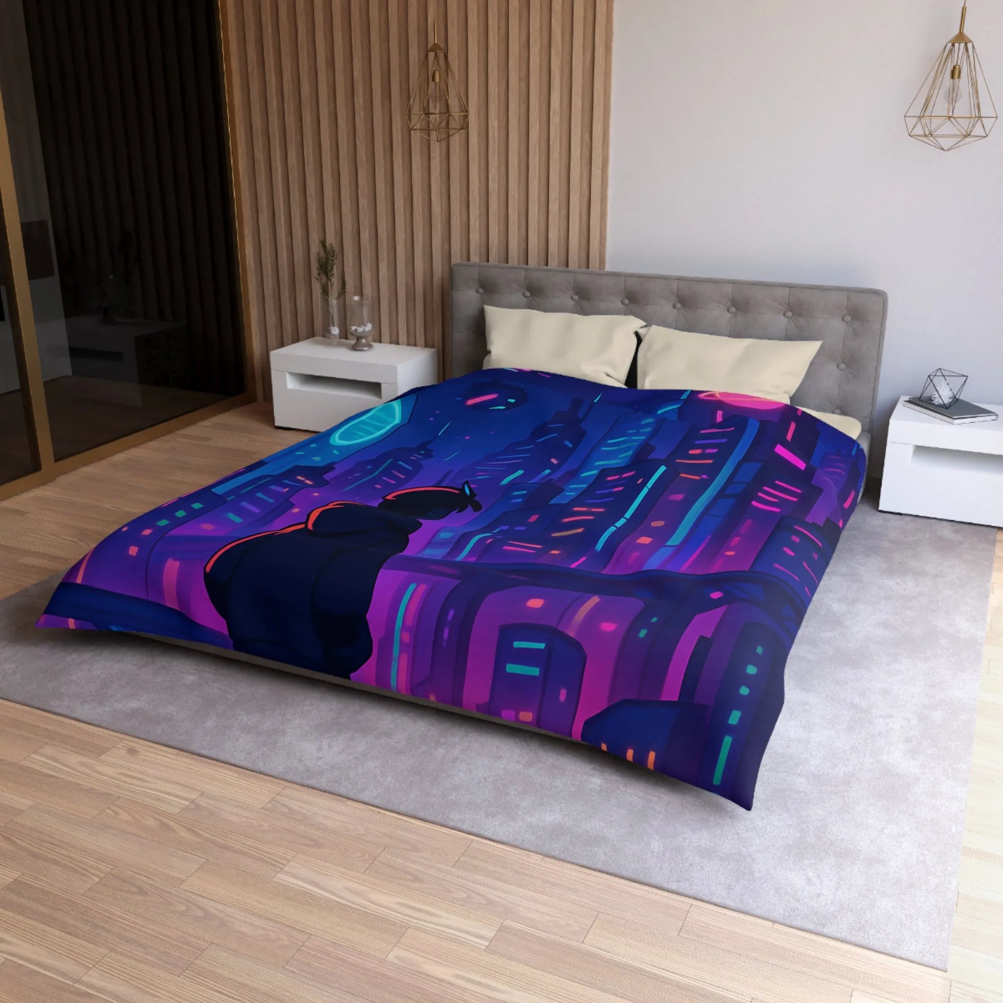 Housse de couette futuriste avec skyline néon vibrant et silhouette étoilée