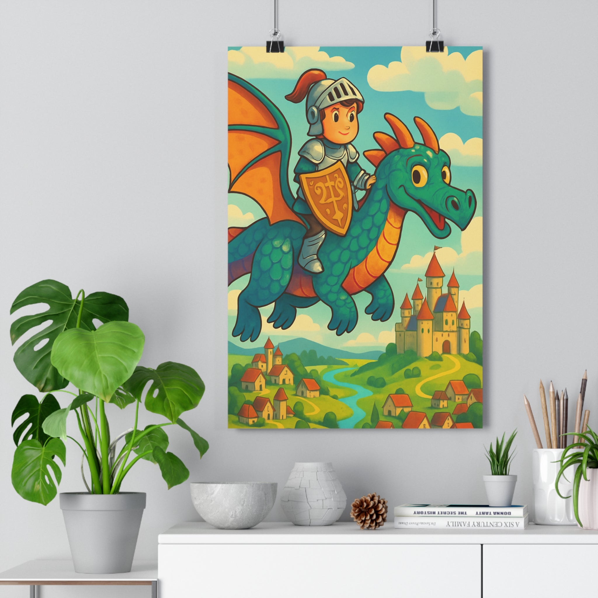 Poster décoratif chevalier dragon vert orange château fantastique magique enfant chambre cartoon joyeux aventure