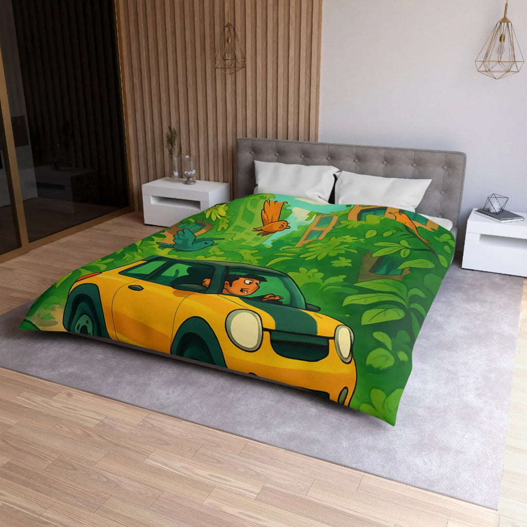 Housse de couette colorée avec voiture jaune et jungle luxuriante pour enfants aventureux