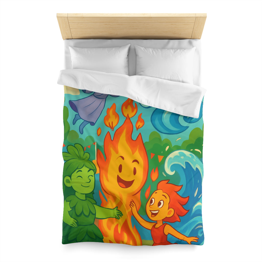Housse de couette vibrante célébrant les quatre éléments dans un style ludique coloré