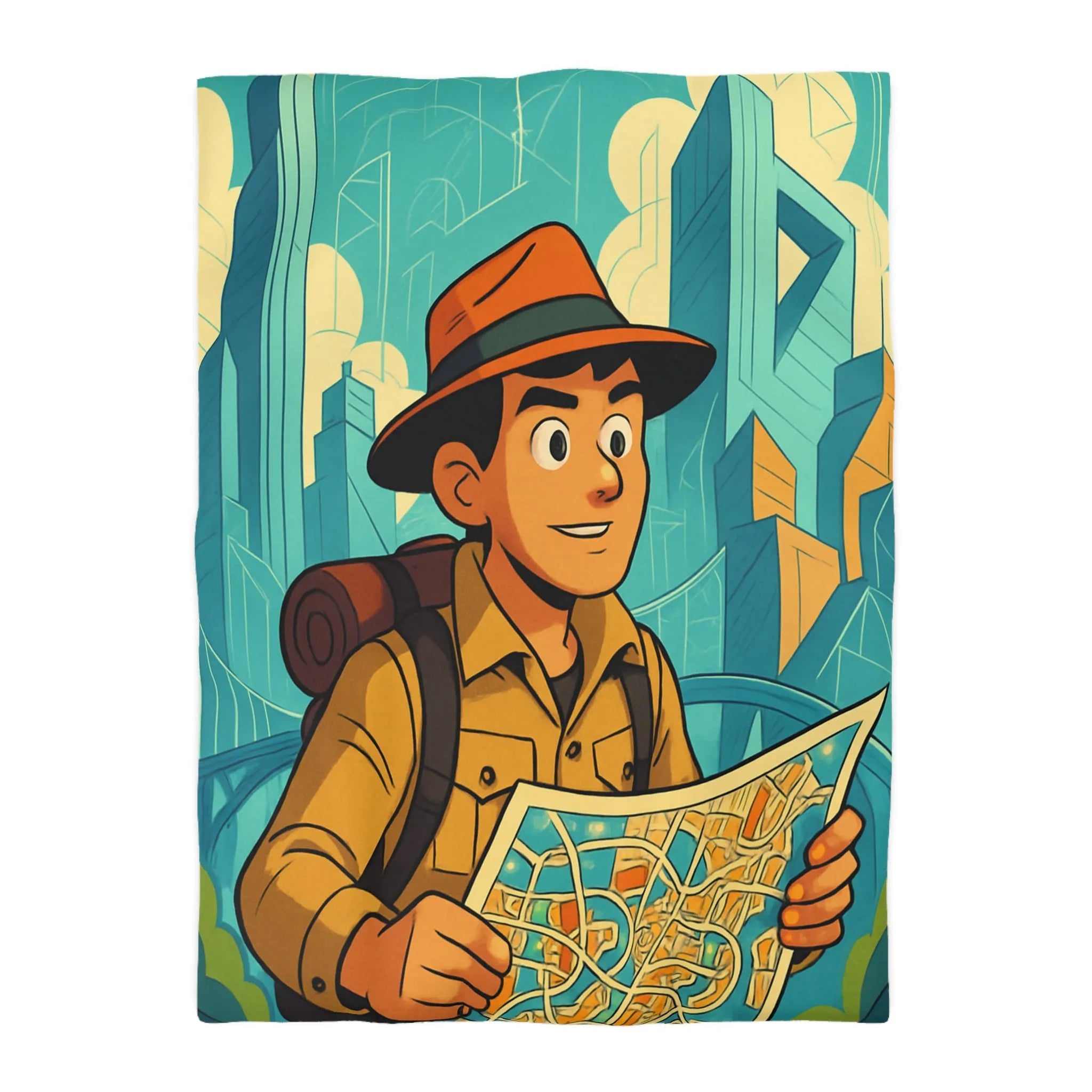 Découverte urbaine vibrante : jeune explorateur avec carte et gratte-ciels illustrés