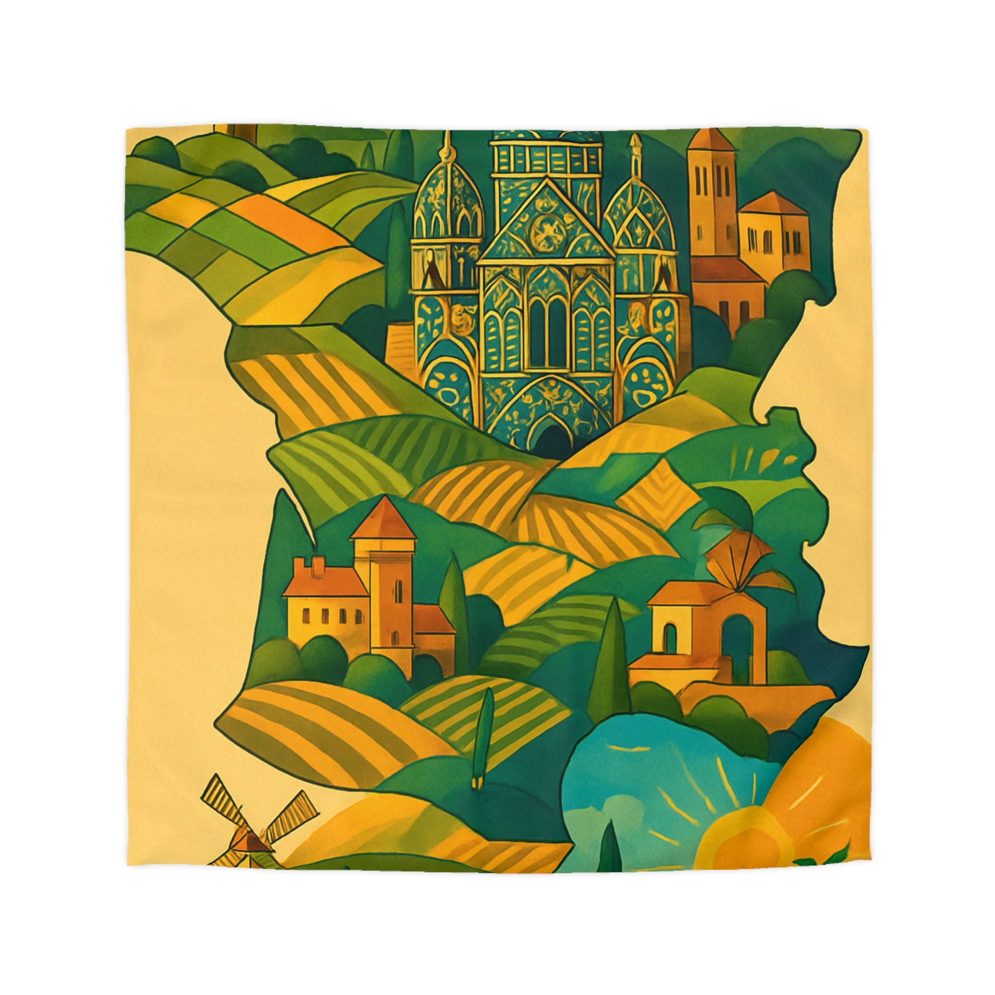 Housse de Couette Paysage France Vintage Coloré avec Monuments, Champs et Soleil