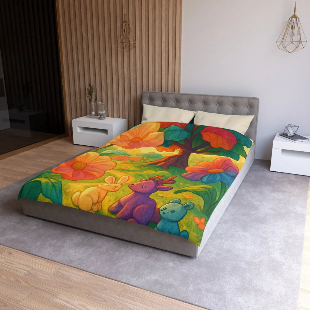 Housse de couette avec animaux mignons et fleurs colorées dans une forêt féerique