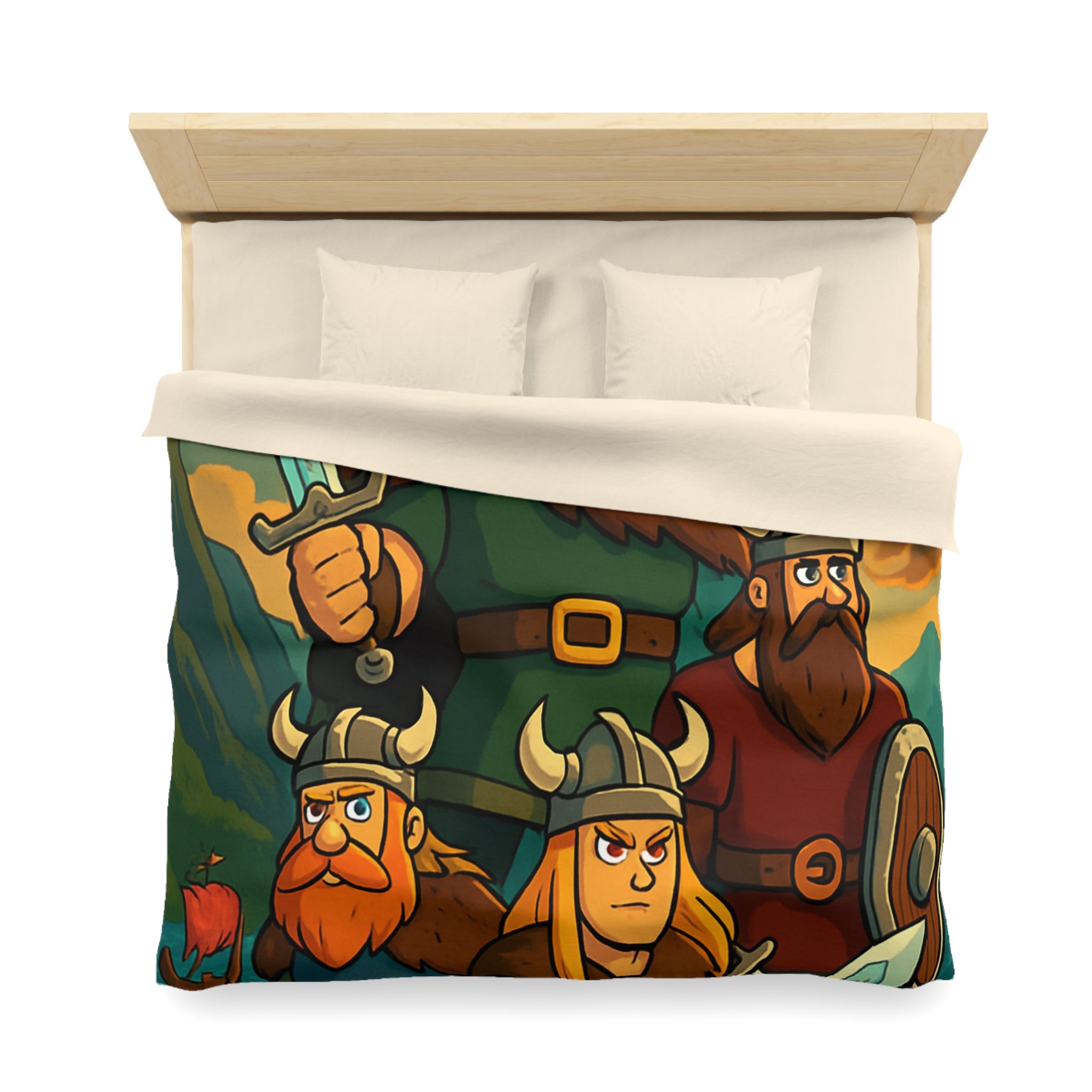 Housse de couette viking épique avec des guerriers et paysage dramatique
