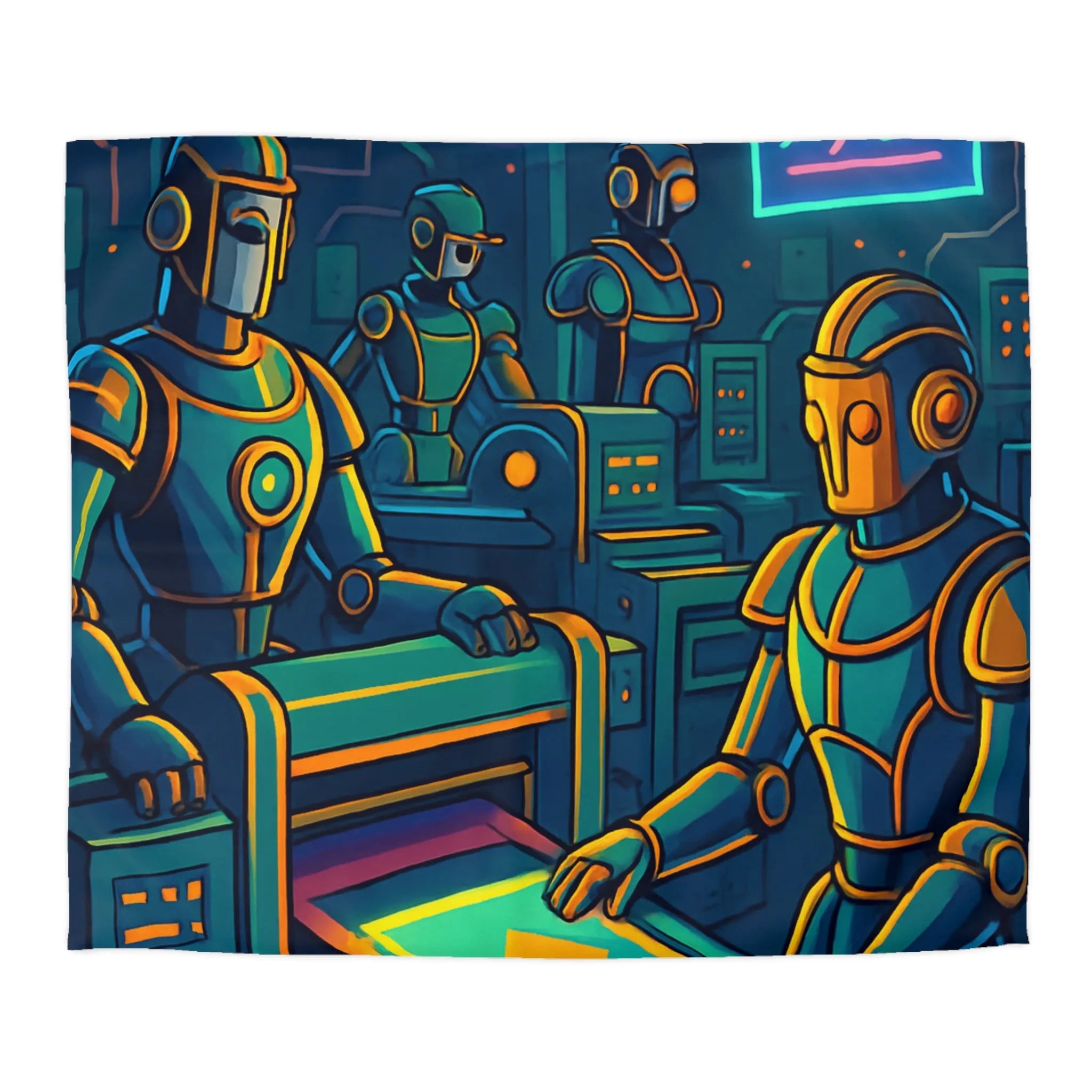 Housse de Couette Design Futuriste avec Robots Néons et Motifs Géométriques Vibrants