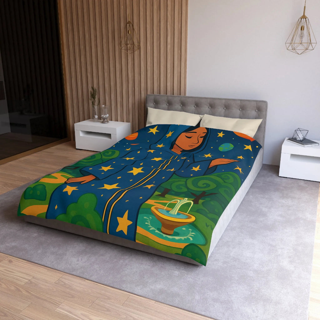 Housse de couette étoilée avec personnage mystique sous ciel galactique et nature luxuriante