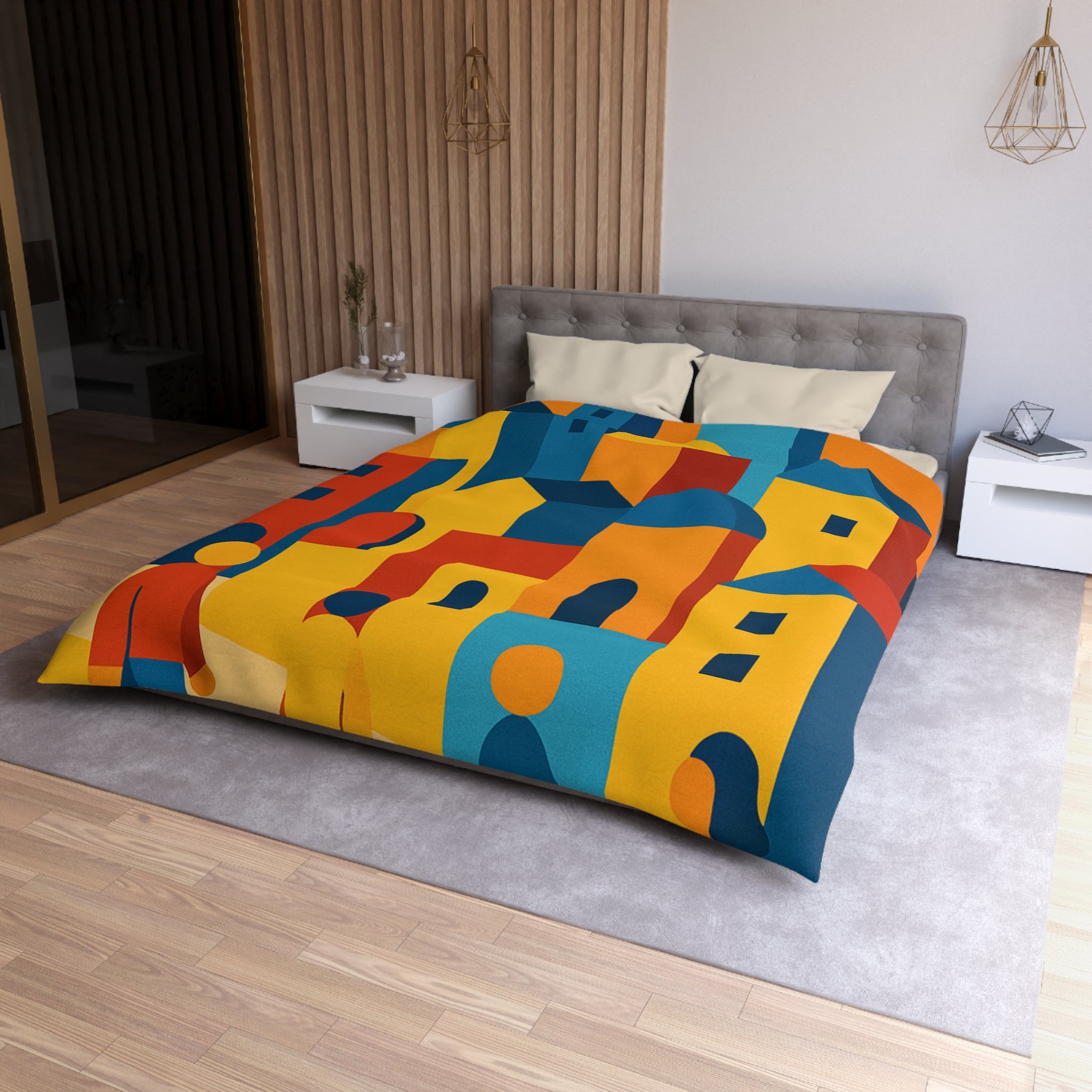 Housse de Couette Moderniste aux Couleurs Chaudes Illustrant Ville Effervescente et Silhouettes Humaines