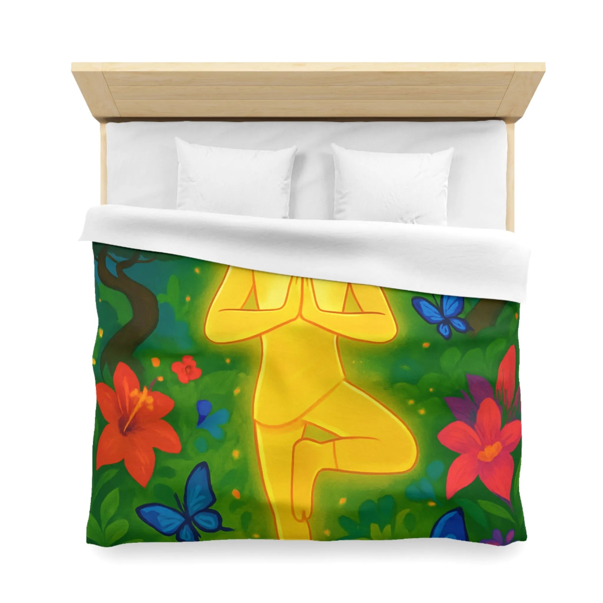 Housse de Couette avec Design Méditatif et Papillons Multicolores en Forêt Luxuriante