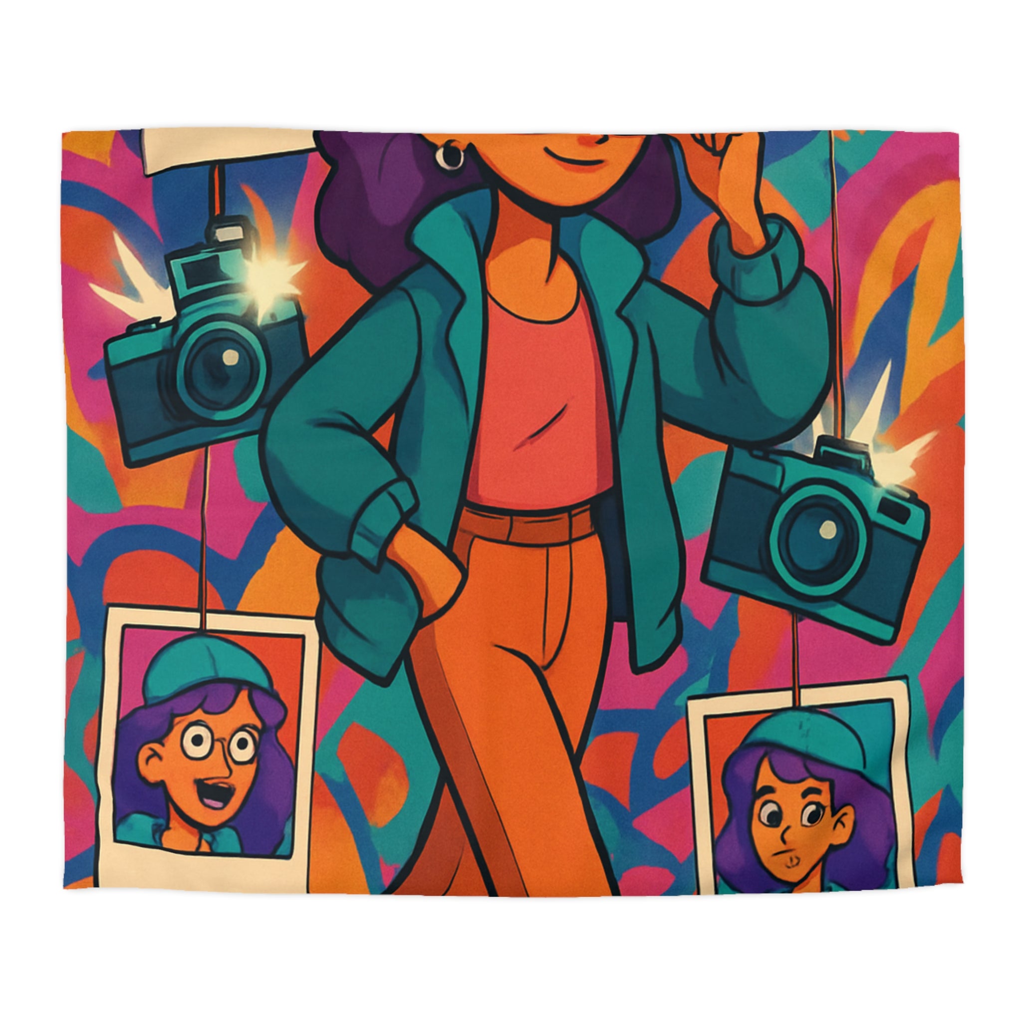 Housse de couette vivante avec personnage stylé marchant dans ambiance artistique colorée et ludique