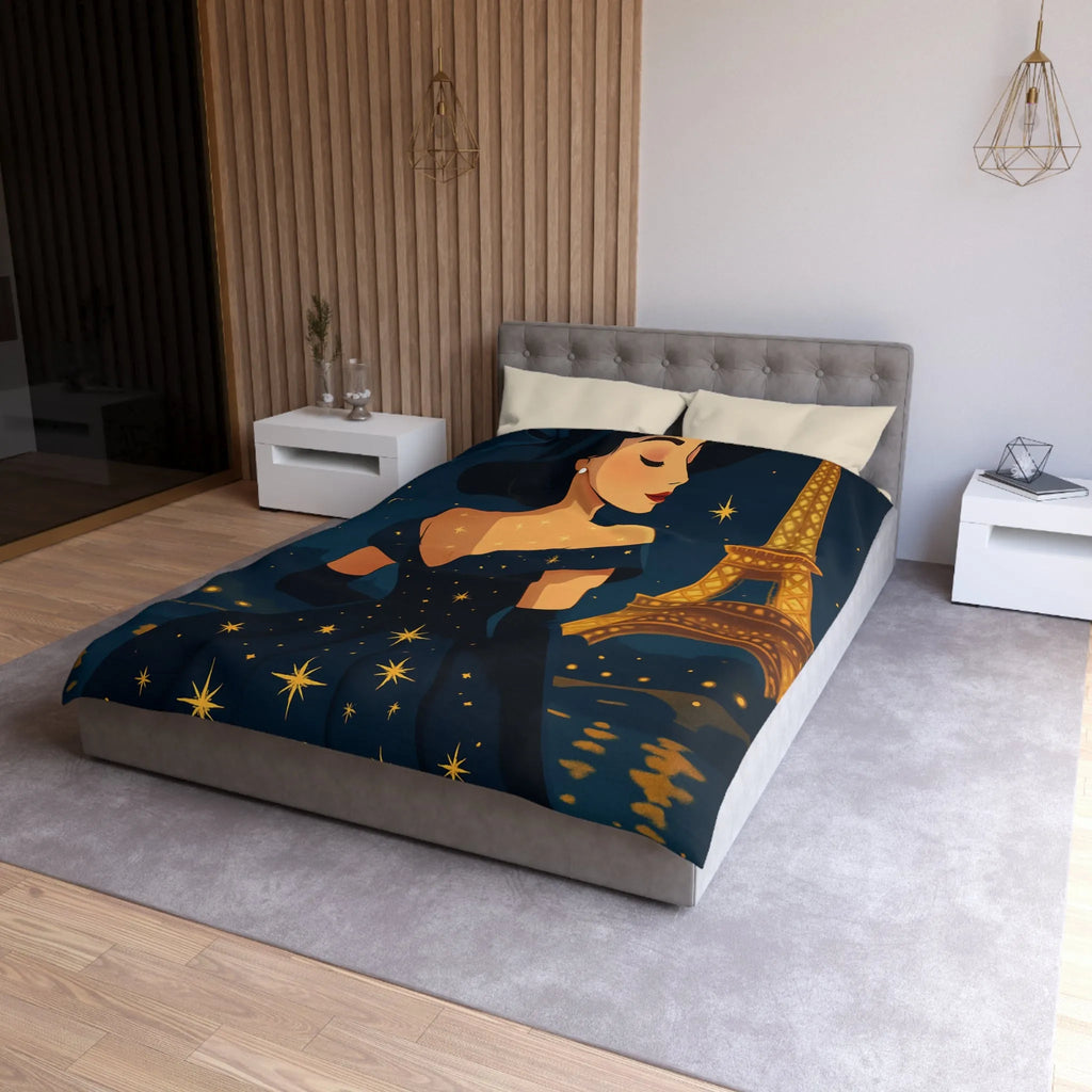 Élégante illustration nocturne femme en robe étoilée avec Tour Eiffel lumineuse