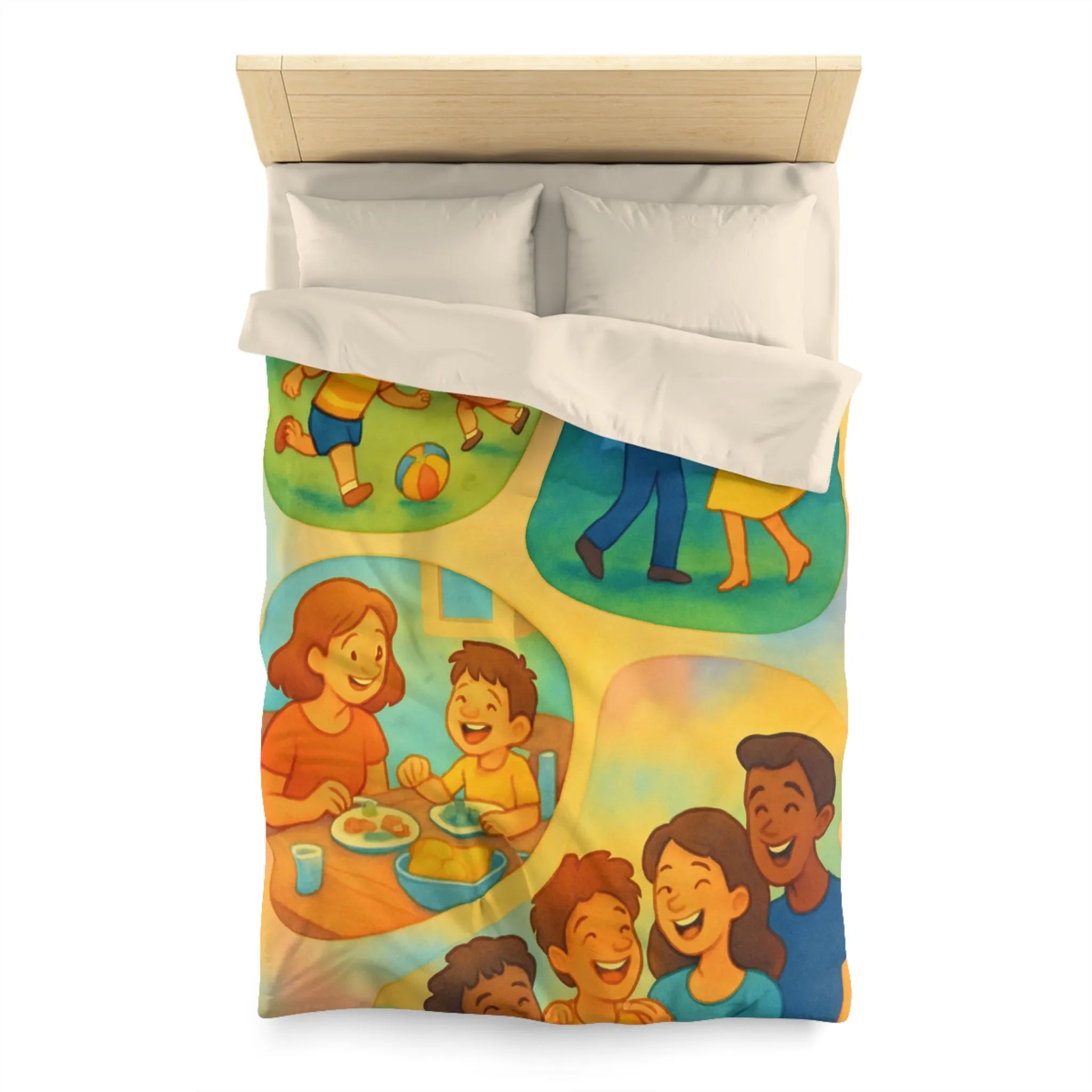 Housse de couette colorée illustrant des scènes joyeuses de la vie quotidienne familiale