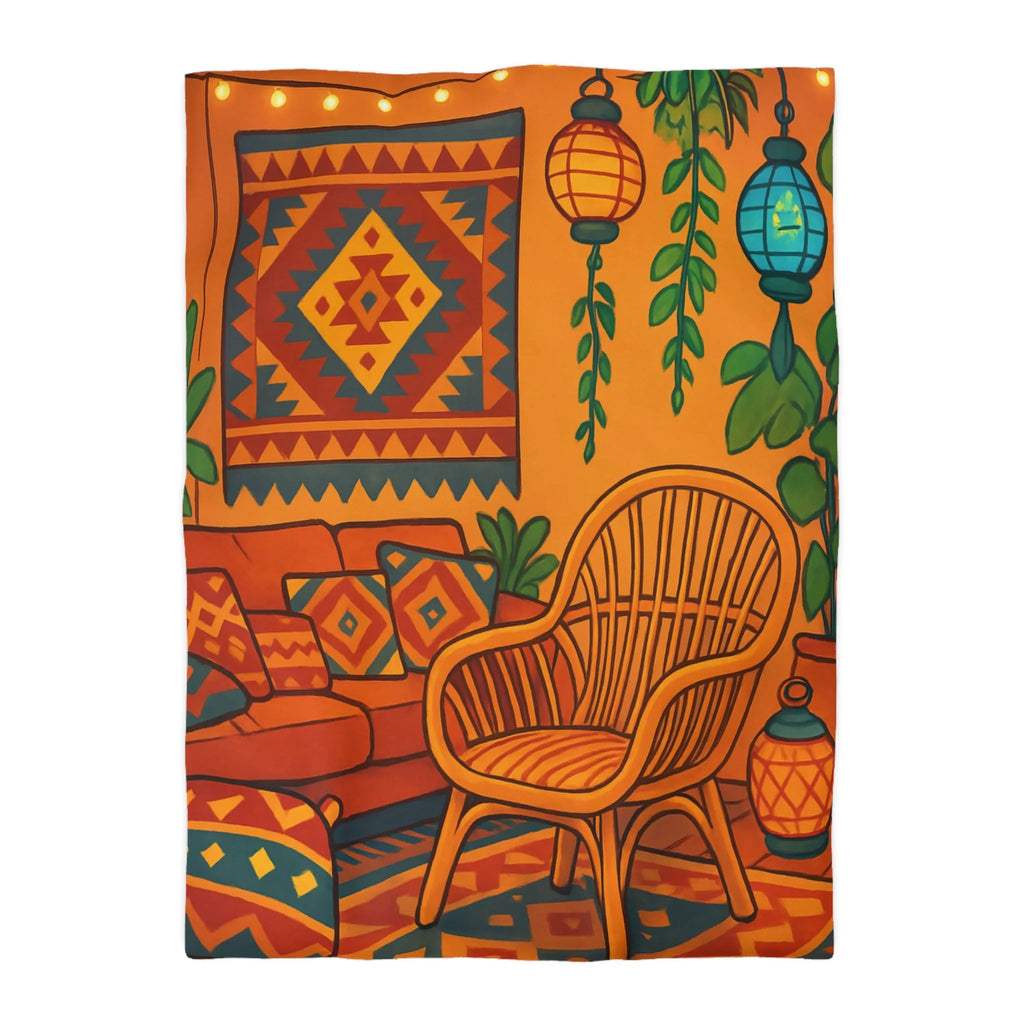 Housse de Couette aux Motifs Géométriques Bohèmes avec Tons Oranges et Bleus Éclatants