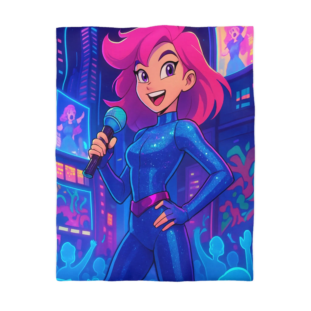 Housse de couette avec chanteuse animée en concert sur fond de ville illuminée