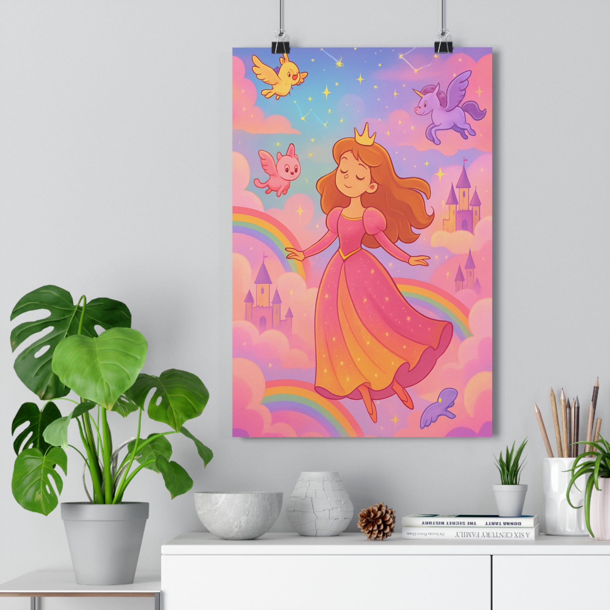 Poster décoratif féerique pastel princesse châteaux nuages créatures magiques enfant chambre cartoon ambiance qualité