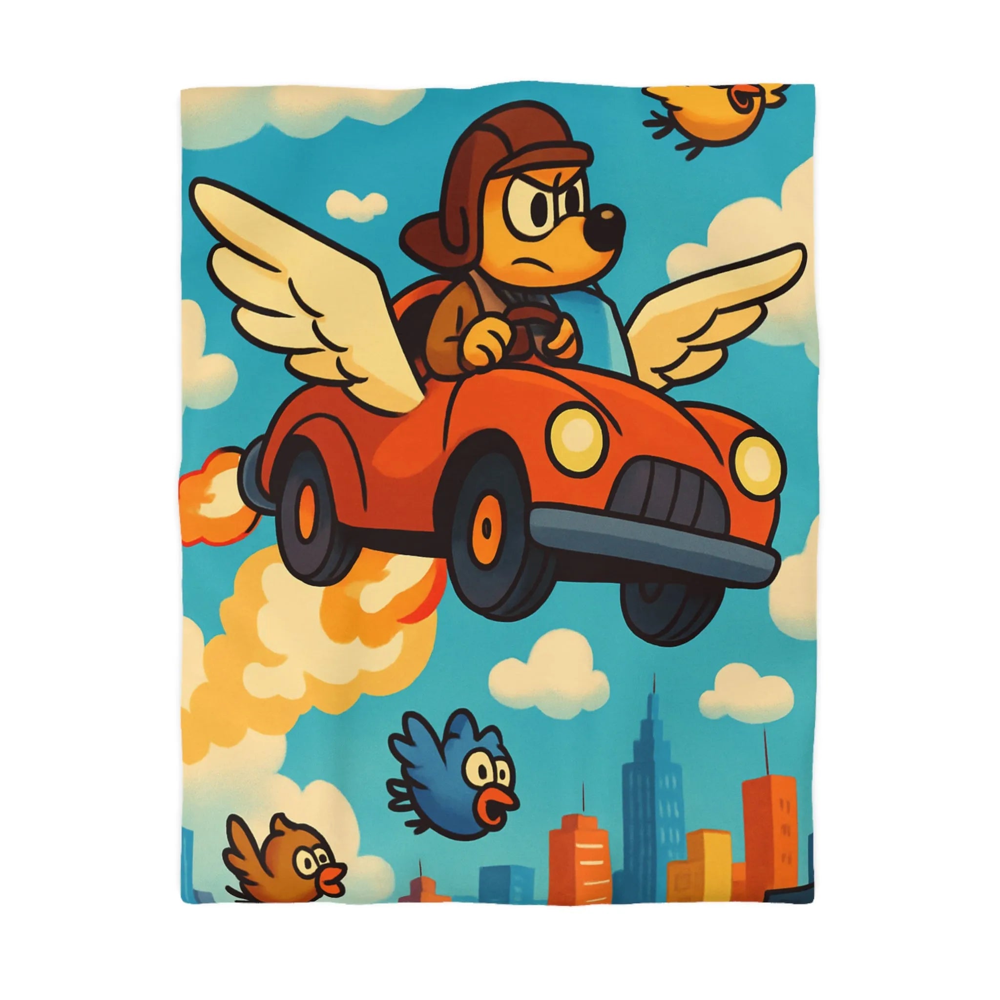 Housse de couette colorée avec chien volant dans voiture ailée au-dessus de ville cartoon