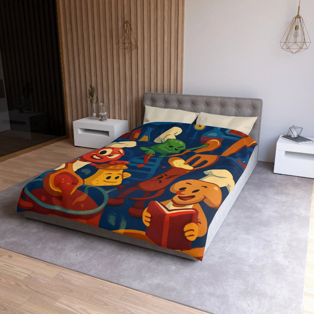 Housse de couette colorée chefs amusants cuisine amusante personnages recettes fourchettes