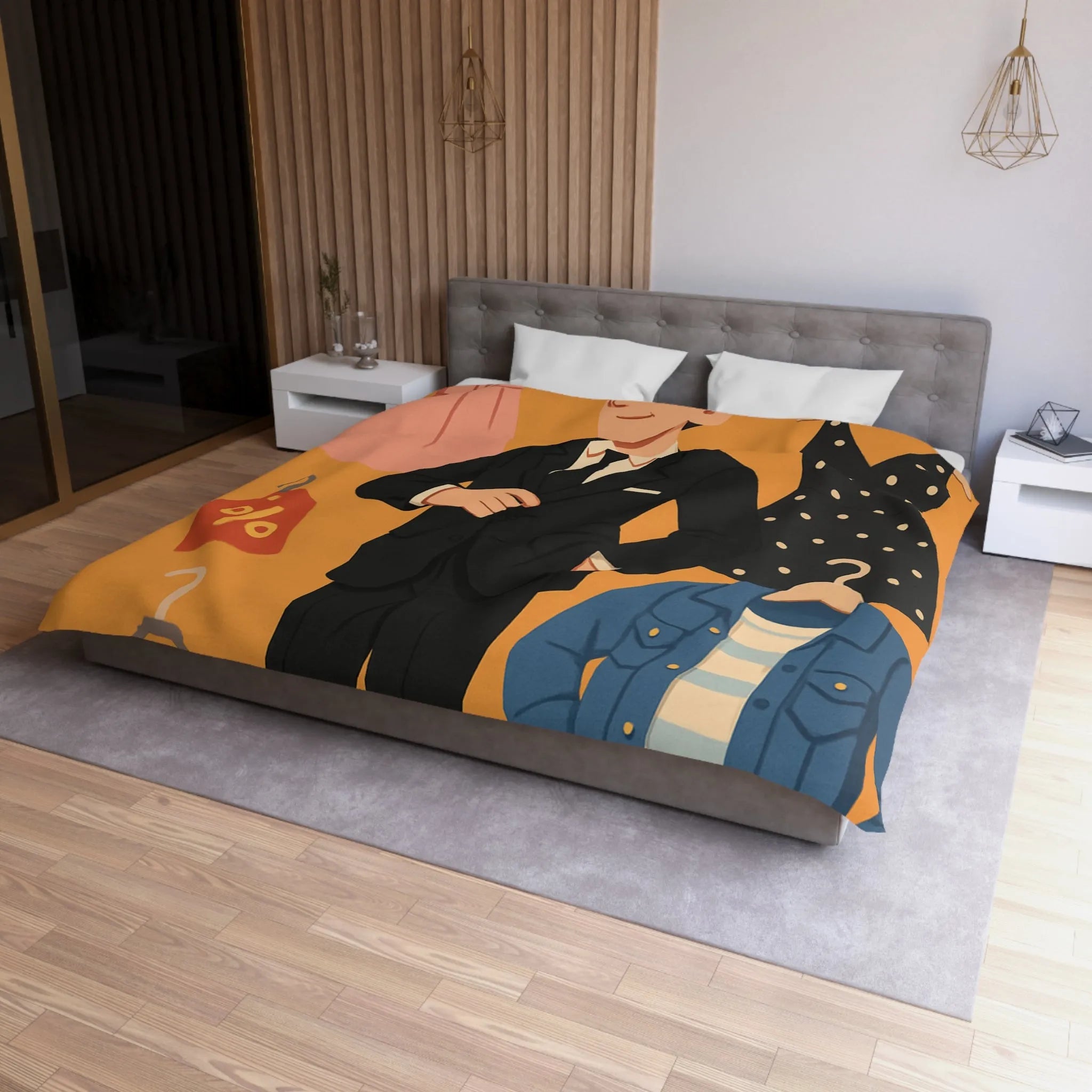 Housse de couette élégante motif magasin de vêtements homme noir et tenues rétro