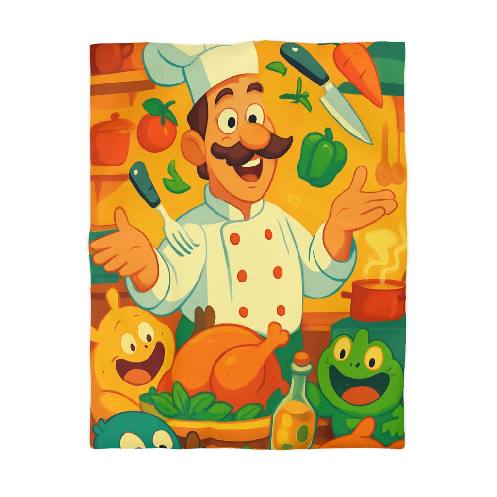 Housse de couette colorée avec chef animé, légumes et ustensiles pour enfants