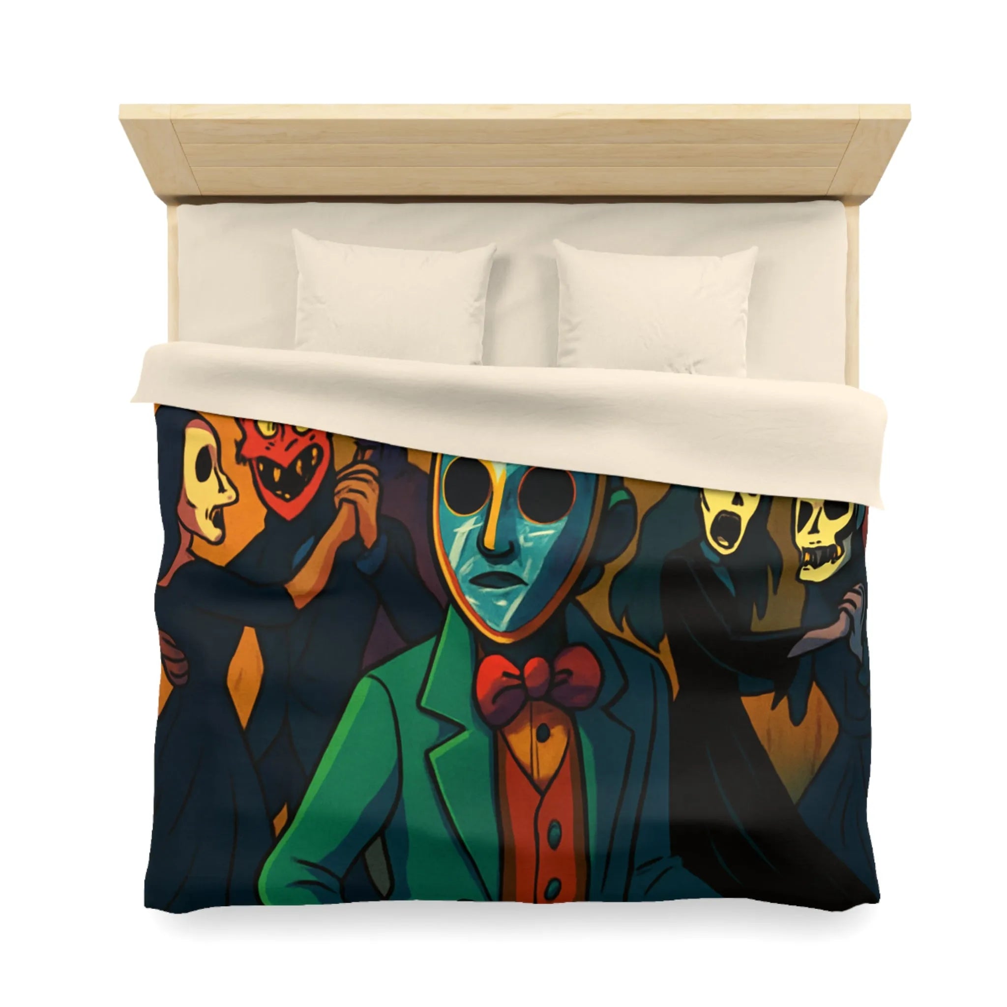 Housse de couette Halloween Bal masqué sombre, masques effrayants, ambiance mystérieuse unique