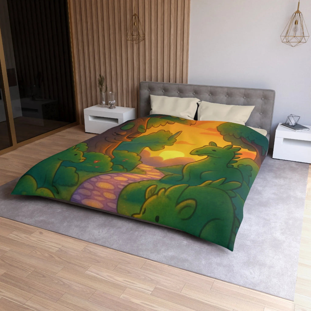 Housse de Couette Enchantée avec Dinosaure au Coucher du Soleil pour Chambre Enfant
