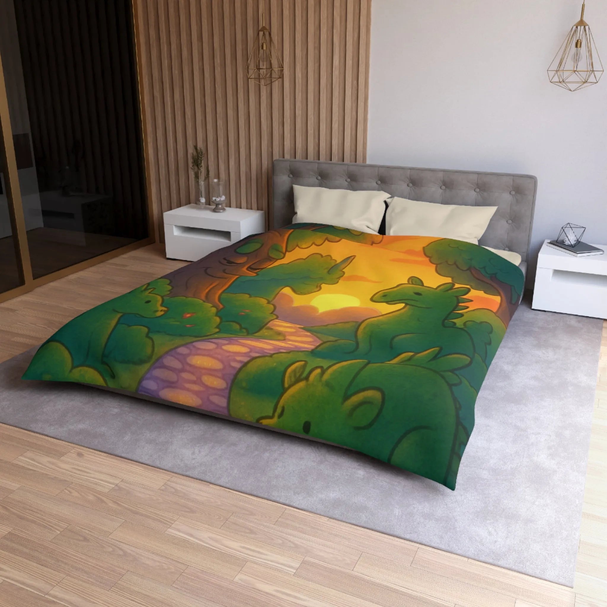Housse de Couette Enchantée avec Dinosaure au Coucher du Soleil pour Chambre Enfant