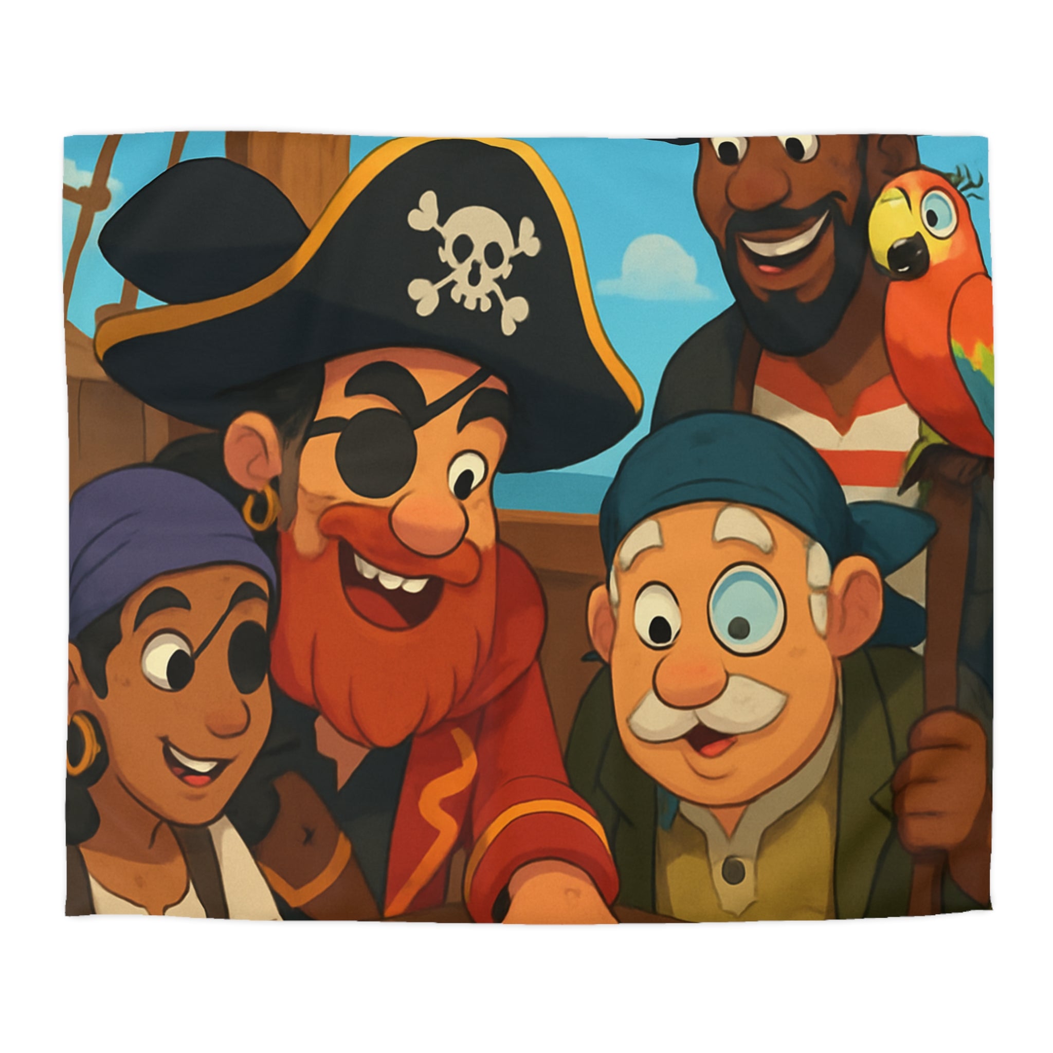 Housse de couette pirate colorée avec carte au trésor et équipage amical joyeux