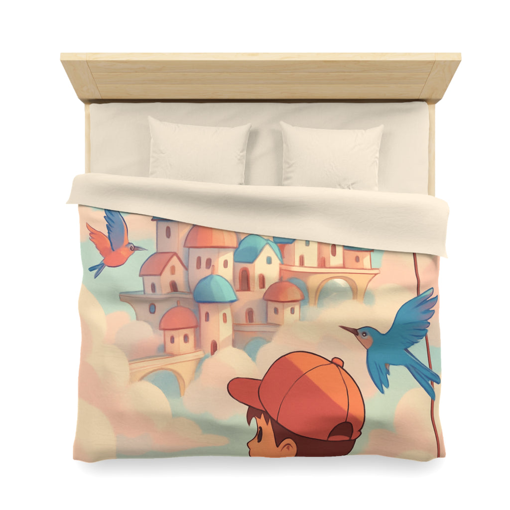 Housse de couette rêveuse avec enfant explorant un château céleste parmi les nuages