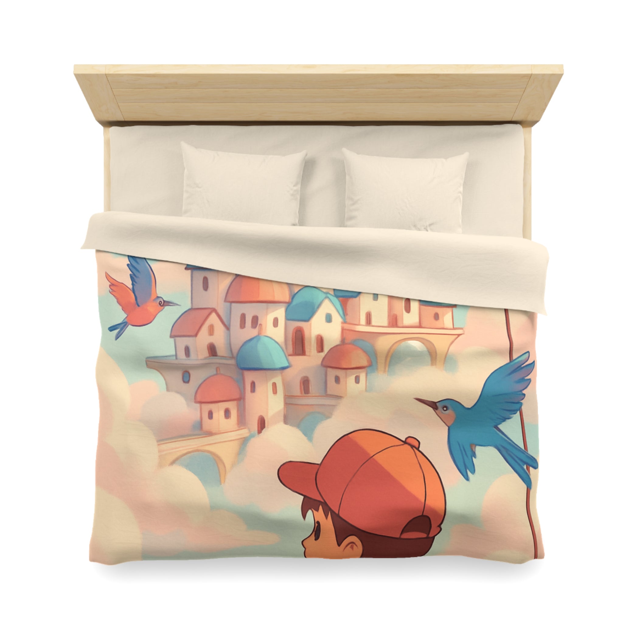 Housse de couette rêveuse avec enfant explorant un château céleste parmi les nuages