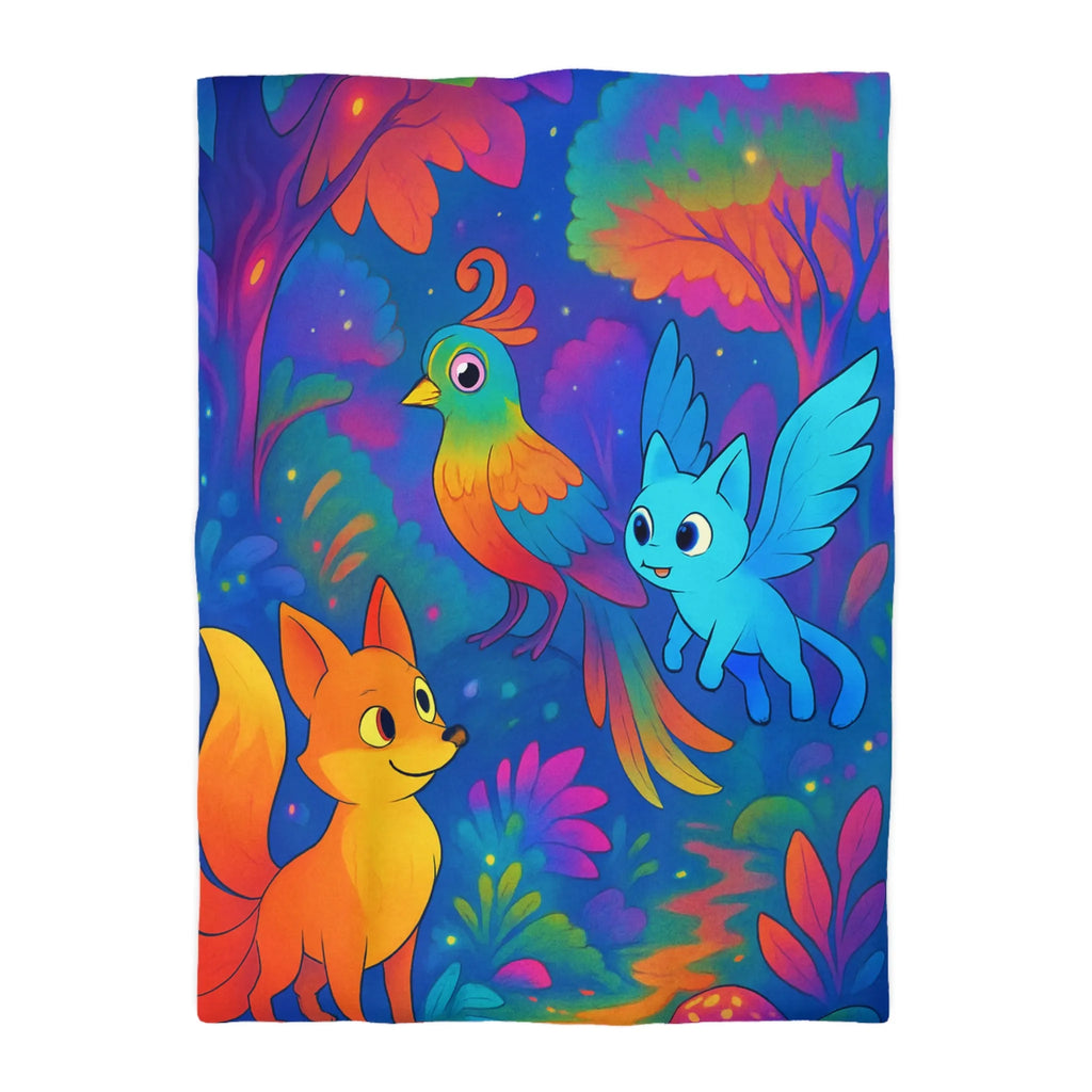 Housse de couette colorée avec animaux fantastiques dans une forêt magique nocturne