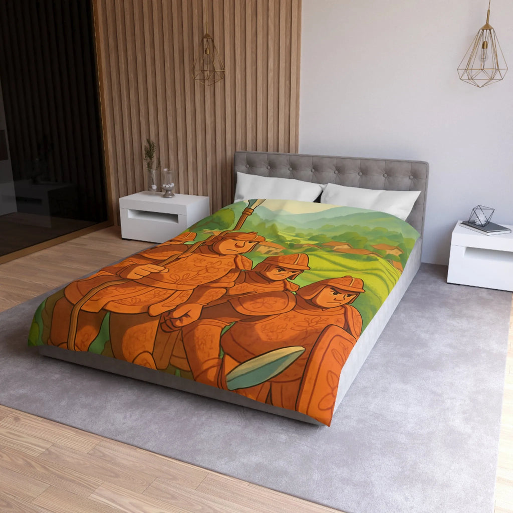 Housse de couette illustrée guerriers médiévaux champêtres dégradé vert orange doux et enfantin