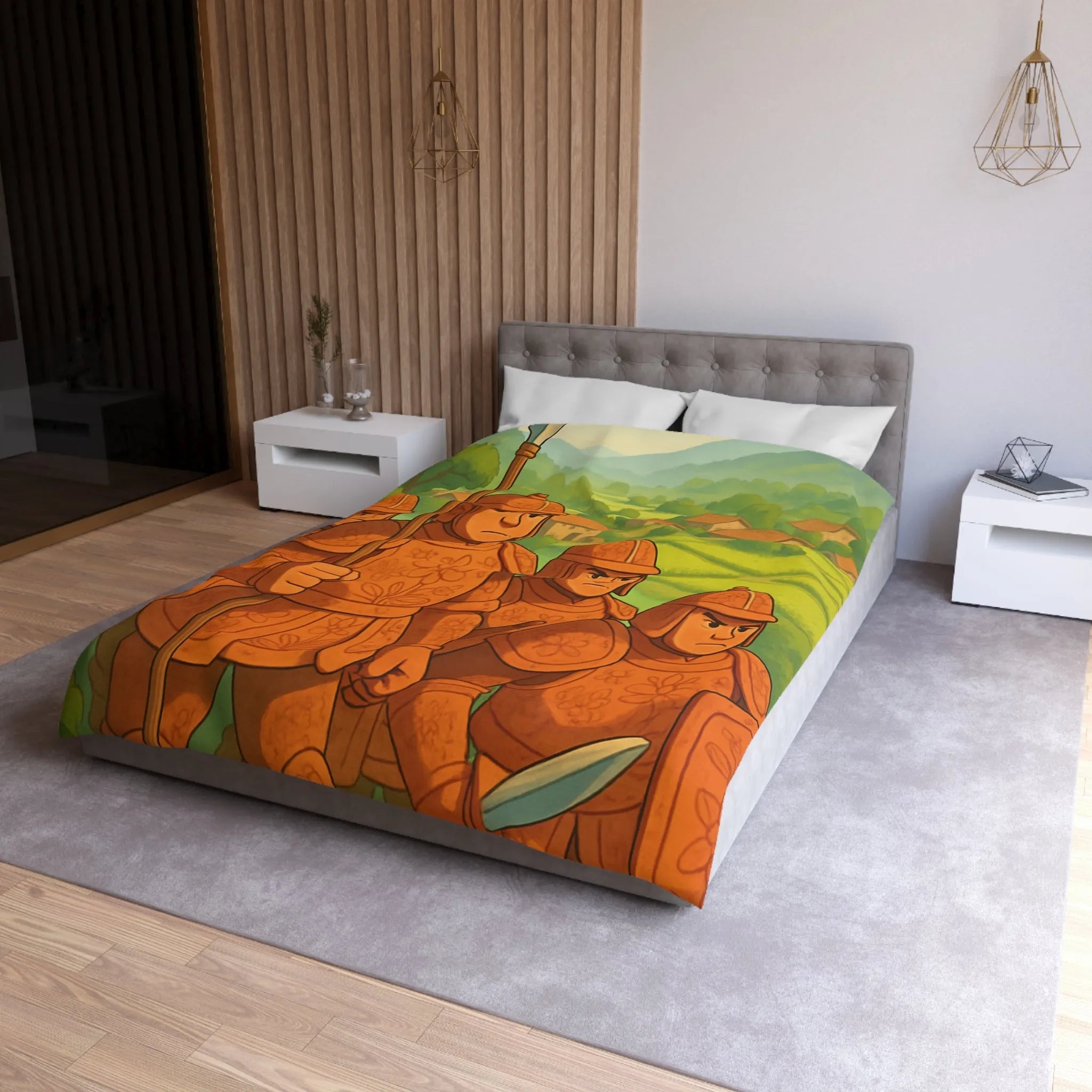 Housse de couette illustrée guerriers médiévaux champêtres dégradé vert orange doux et enfantin