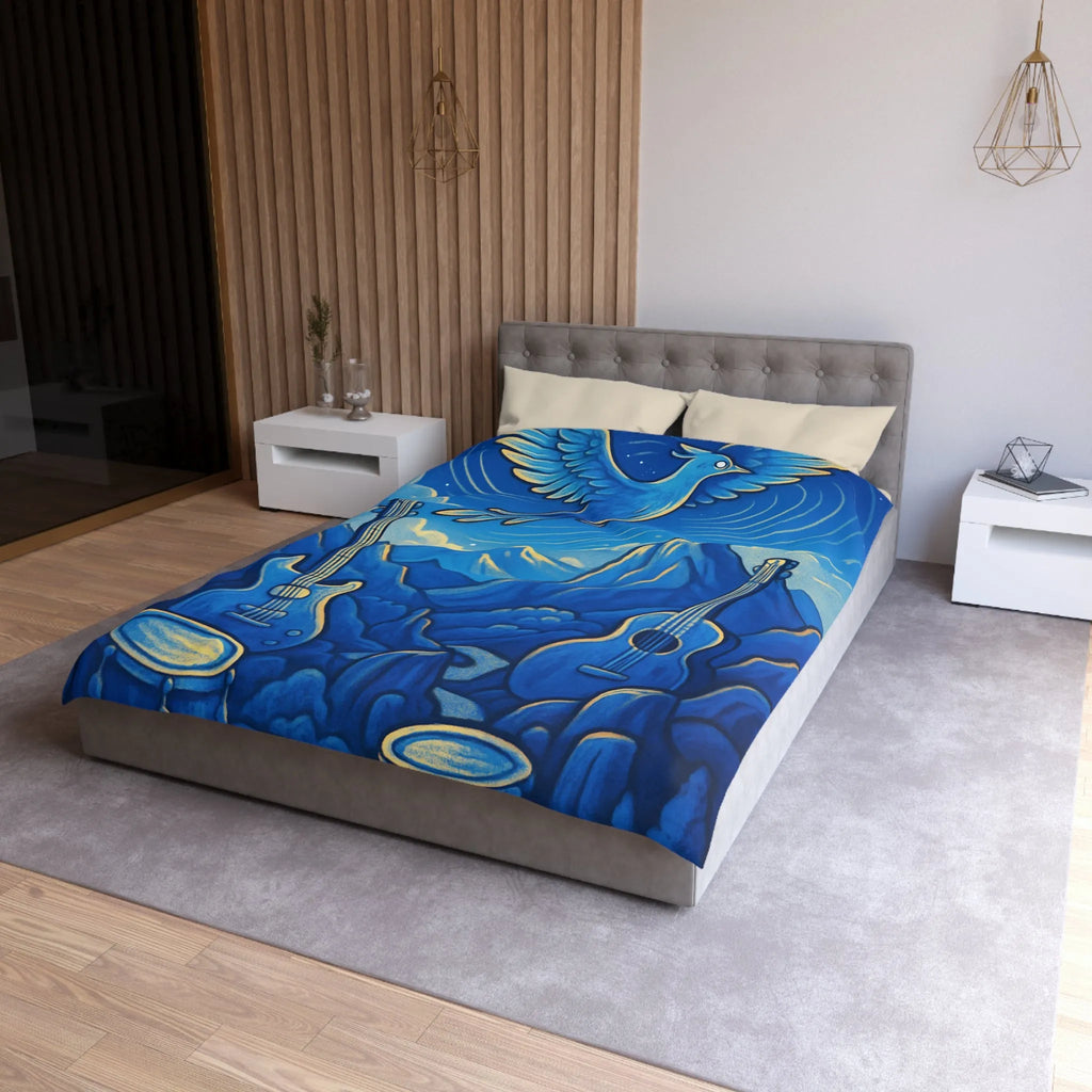 Housse de couette mélodieuse avec oiseau bleu et instruments de musique en montagne