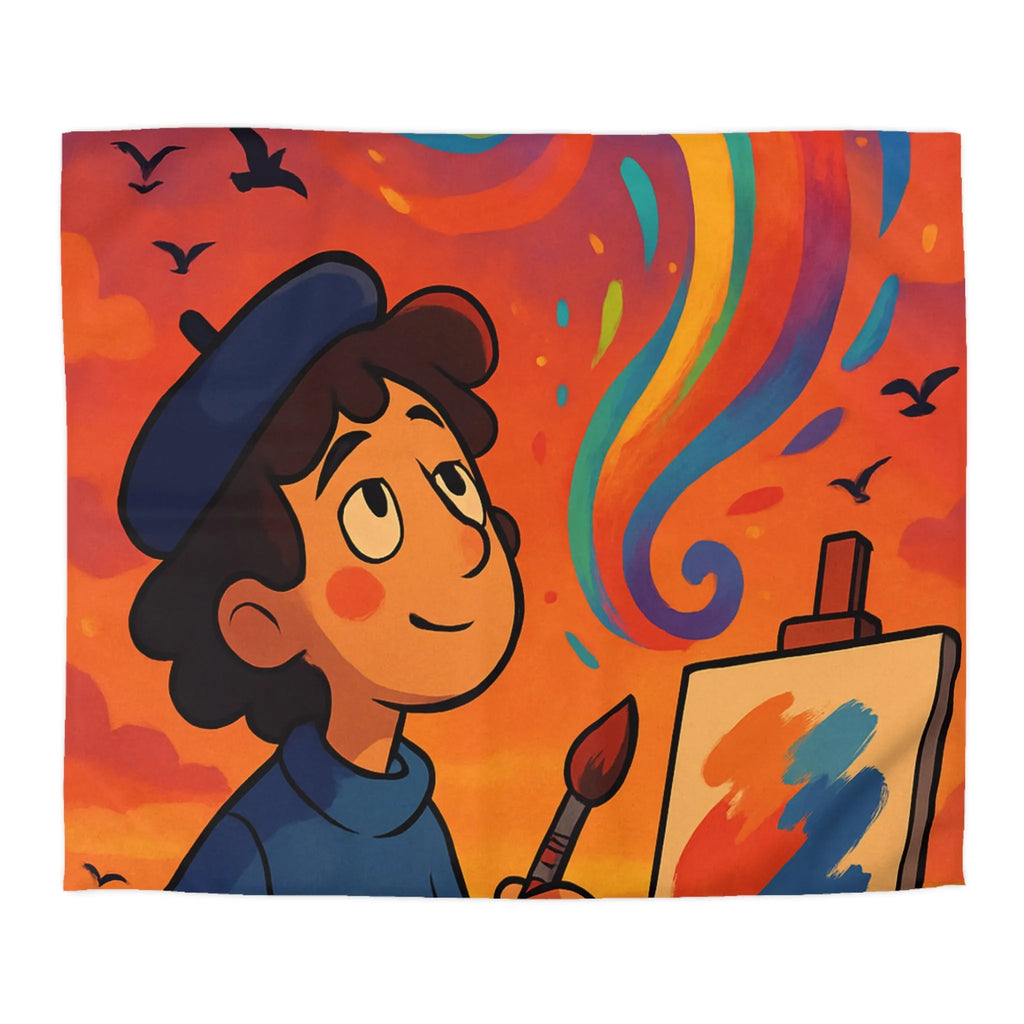 Housse de couette colorée avec artiste rêveur peignant sous ciel vibrant au crépuscule