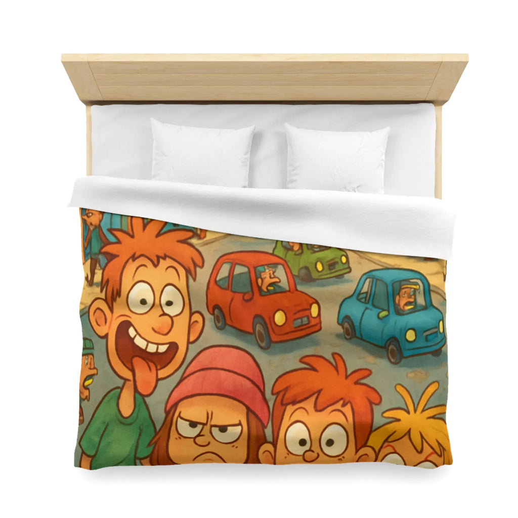 Housse de couette enfants joyeuse ville animée avec personnages colorés et expressions vives
