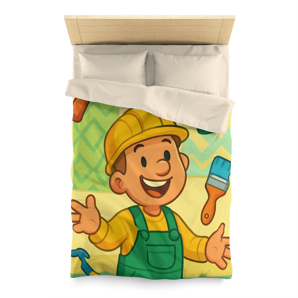Housse de couette joyeuse pour enfants avec outils de bricolage et personnage souriant