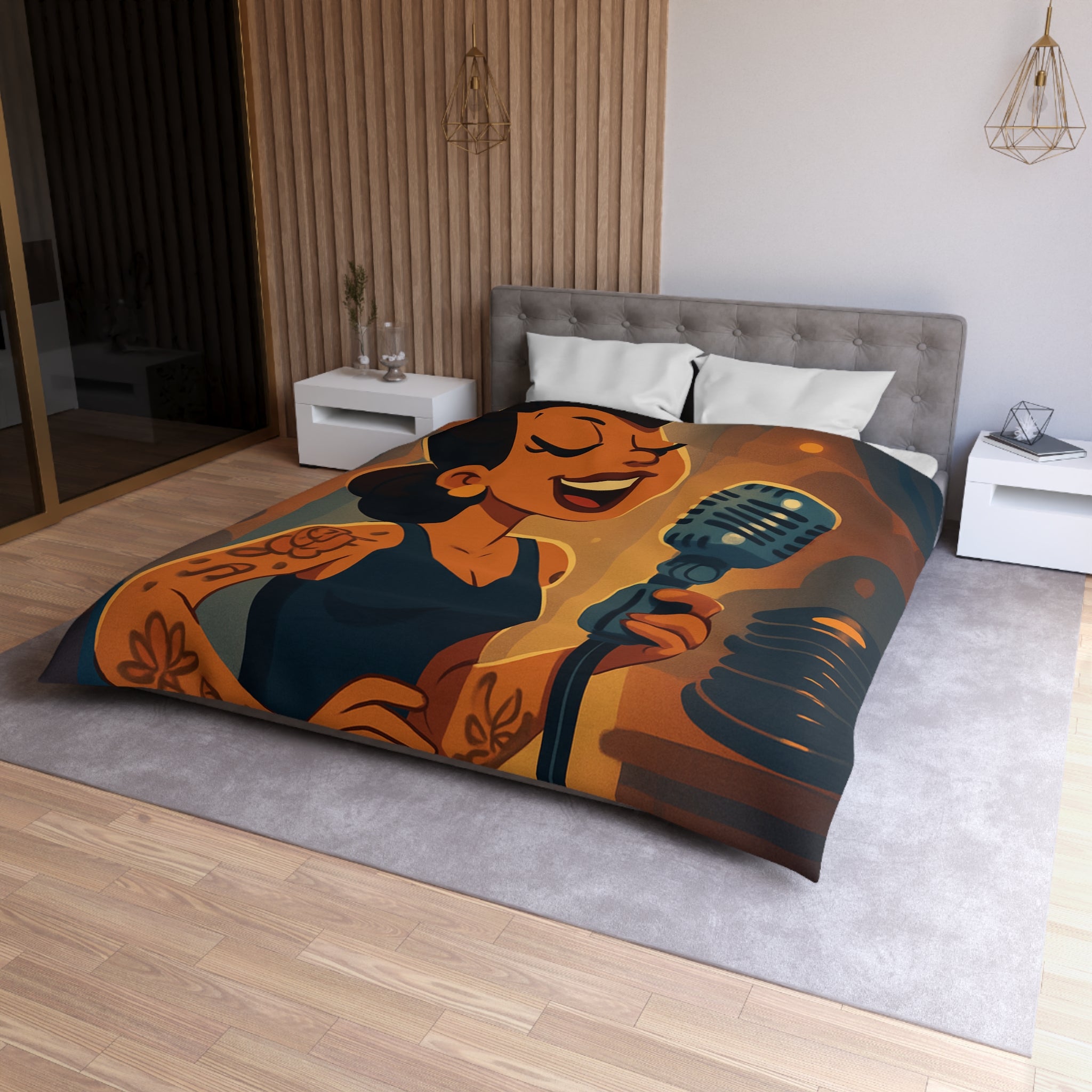 Housse de couette rétro avec chanteuse tatouée sous lumière vintage et micro classique