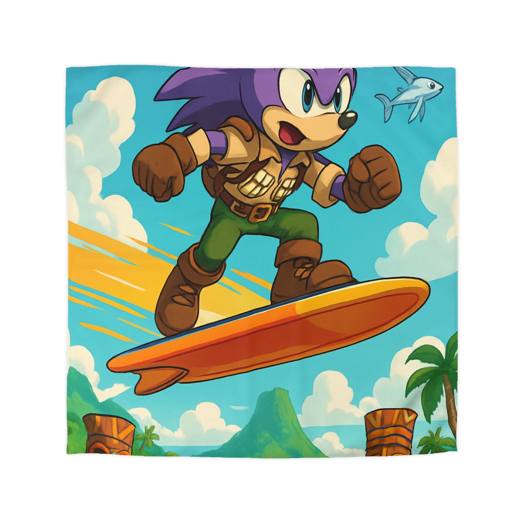 Housse de couette vibrante avec héros aventureux sur plage tropicale paradisiaque