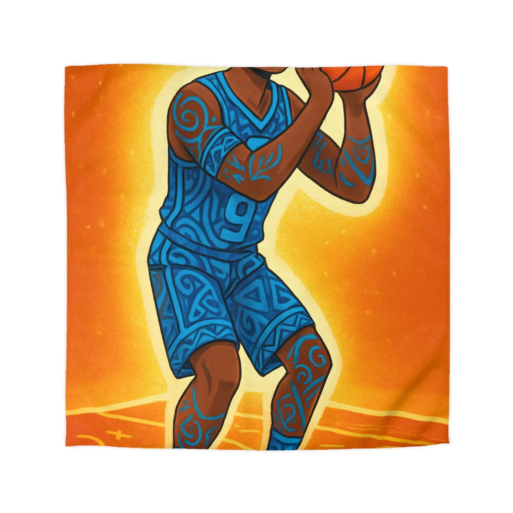 Housse De Couette Avec Joueur De Basketball Graphique En Bleu Sur Fond Orange