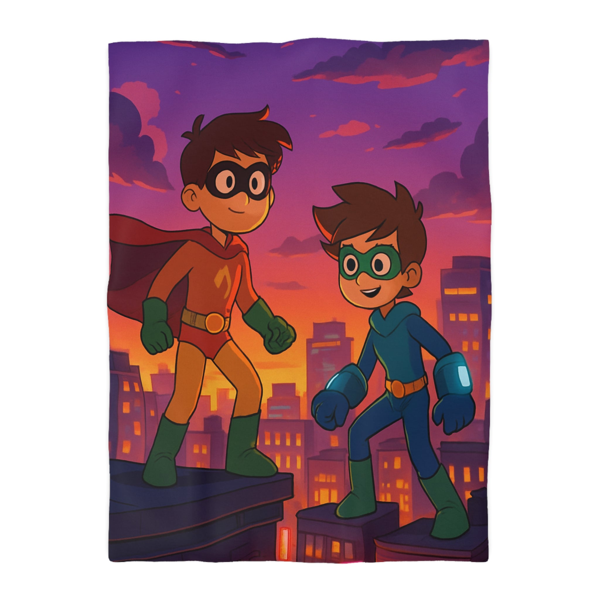 Housse de couette pour enfants avec deux jeunes super-héros au coucher du soleil