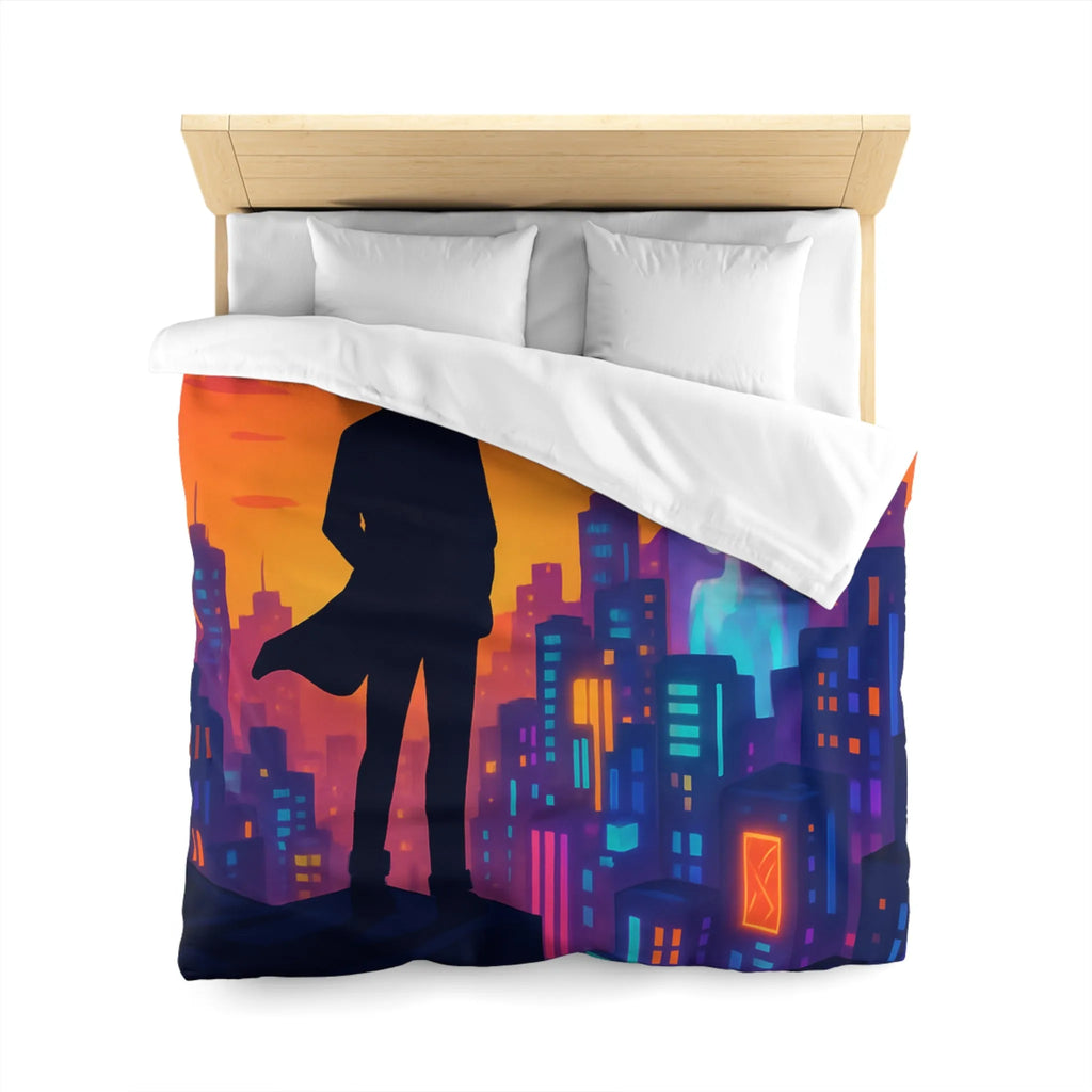 Housse de couette futuriste avec silhouette urbaine et couleurs vibrantes pour chambre moderne