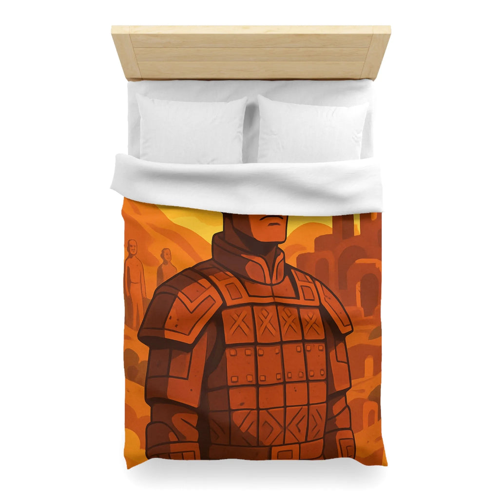 Housse de couette inspirée des guerriers antiques dans un style artistique épuré et vibrant