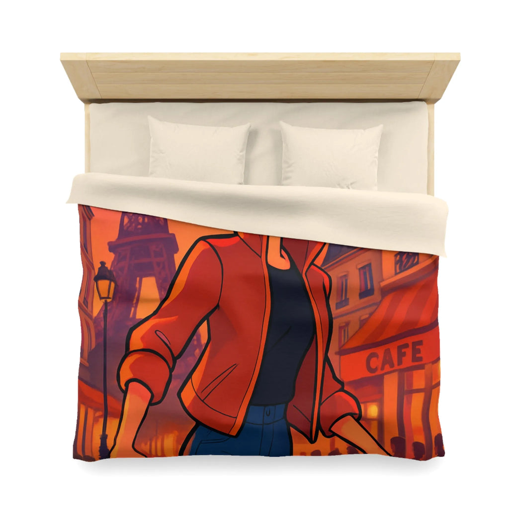 Housse de couette colorée avec illustration parisienne animée d'une silhouette joyeuse