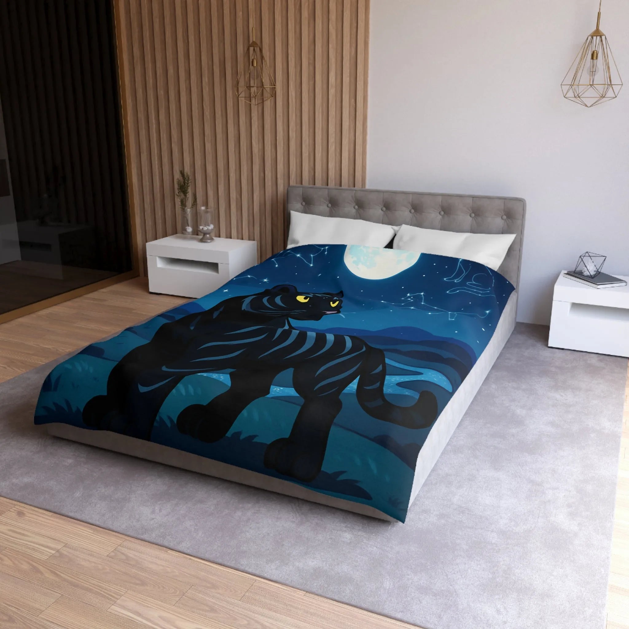 Housse de couette étoilée : Chat noir constellé sous une pleine lune éclatante