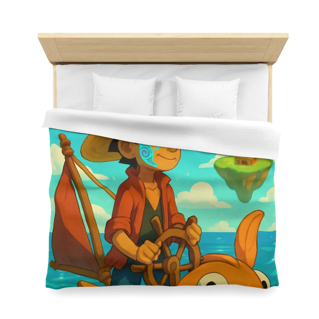 Housse de couette embarcation colorée sur océan turquoise avec îles flottantes et trésors