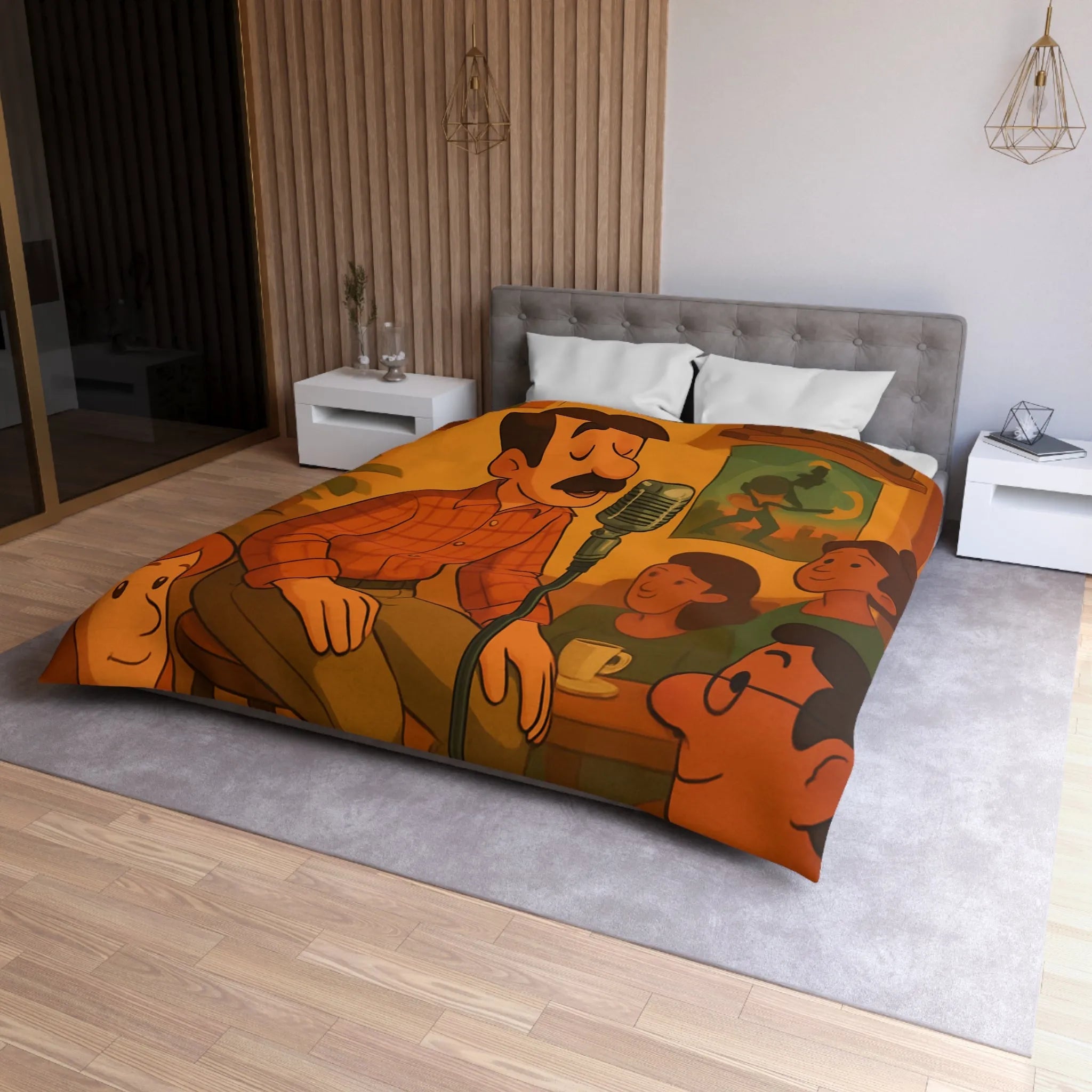 Housse de couette au design rétro avec scène musicale chaleureuse pour ambiance vintage