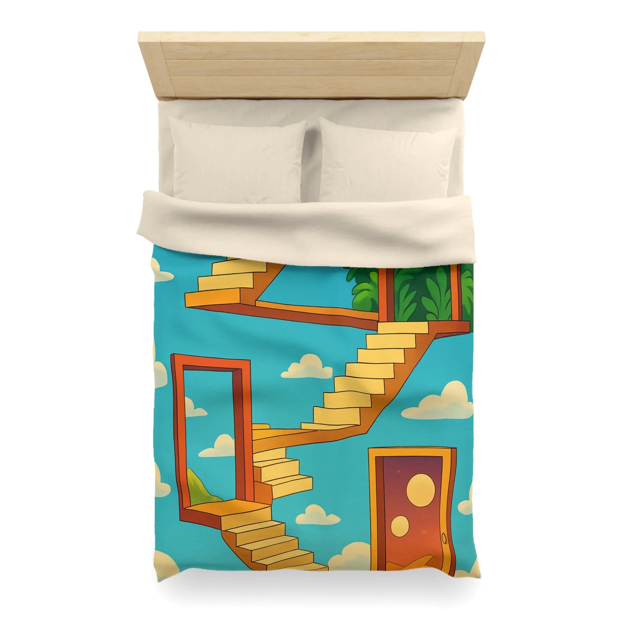 Housse de couette avec escaliers infinis et paysage surréaliste, ciel étoilé