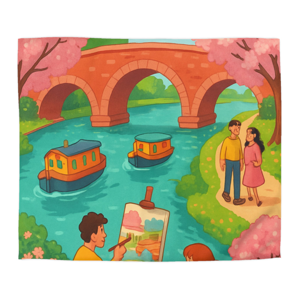 Housse de couette printemps campagne avec paysage pont, arbres en fleurs, artistes peignant