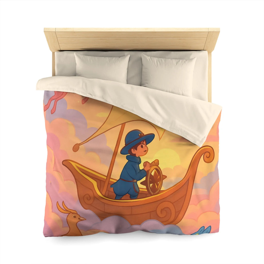 Housse de Couette Enchantée Avec Licorne et Bateau Volant Dans le Ciel Éthéré